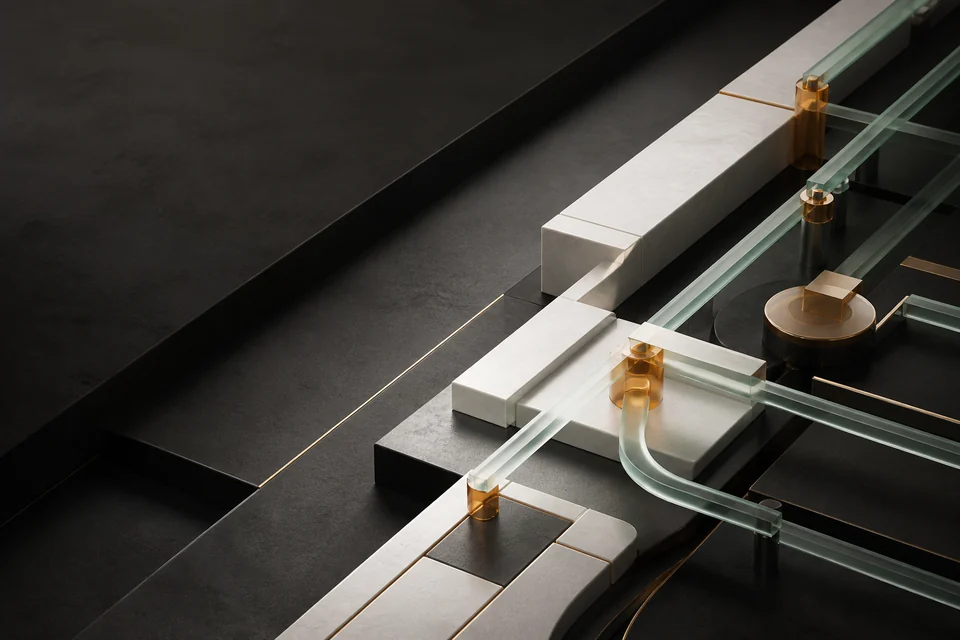 Abstract precision relay installation with graphite channels, porcelain structures, celadon glass paths, and amber junctions