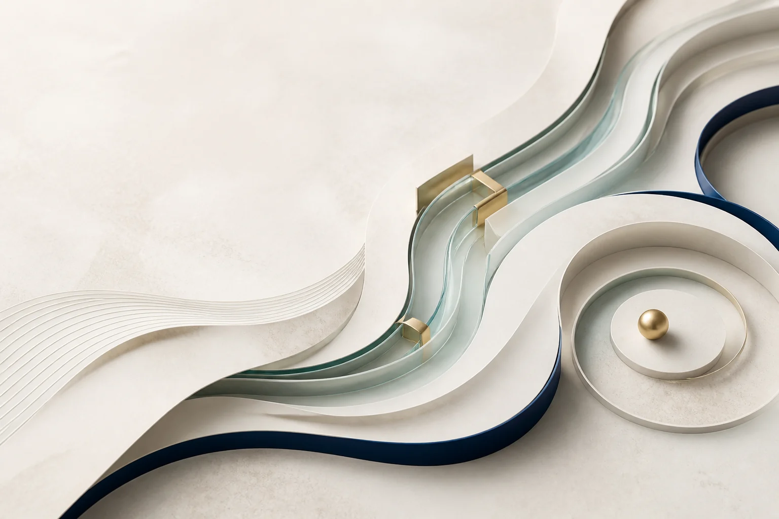 Sculptural porcelain and glass paths converging around a calm brass center point.